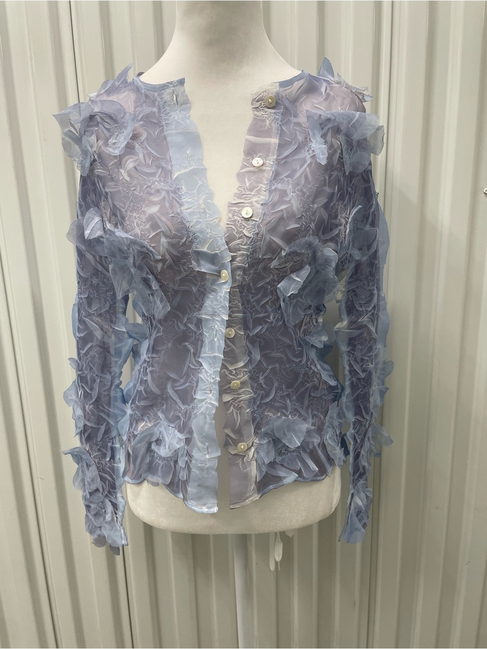Sheer Cornflower Blue Textured Appliqué Button Down Shirt Small Ethereal Fairy